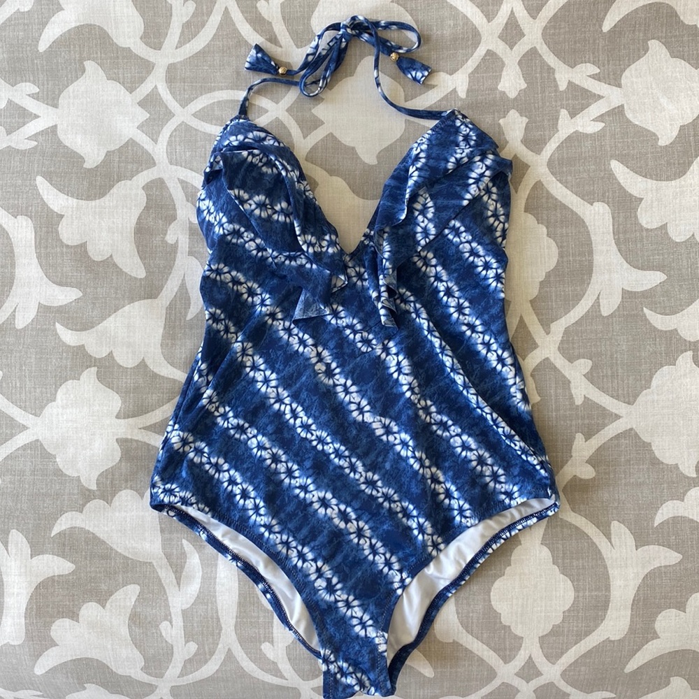 Blue and white tie dye ruffle front deep V halter one piece swimsuit